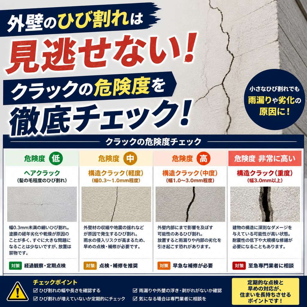 外壁のひび割れは見逃せない！クラックの危険度を徹底チェック！