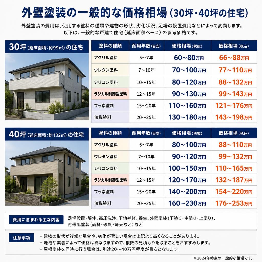 30坪・40坪の外壁塗装価格相場